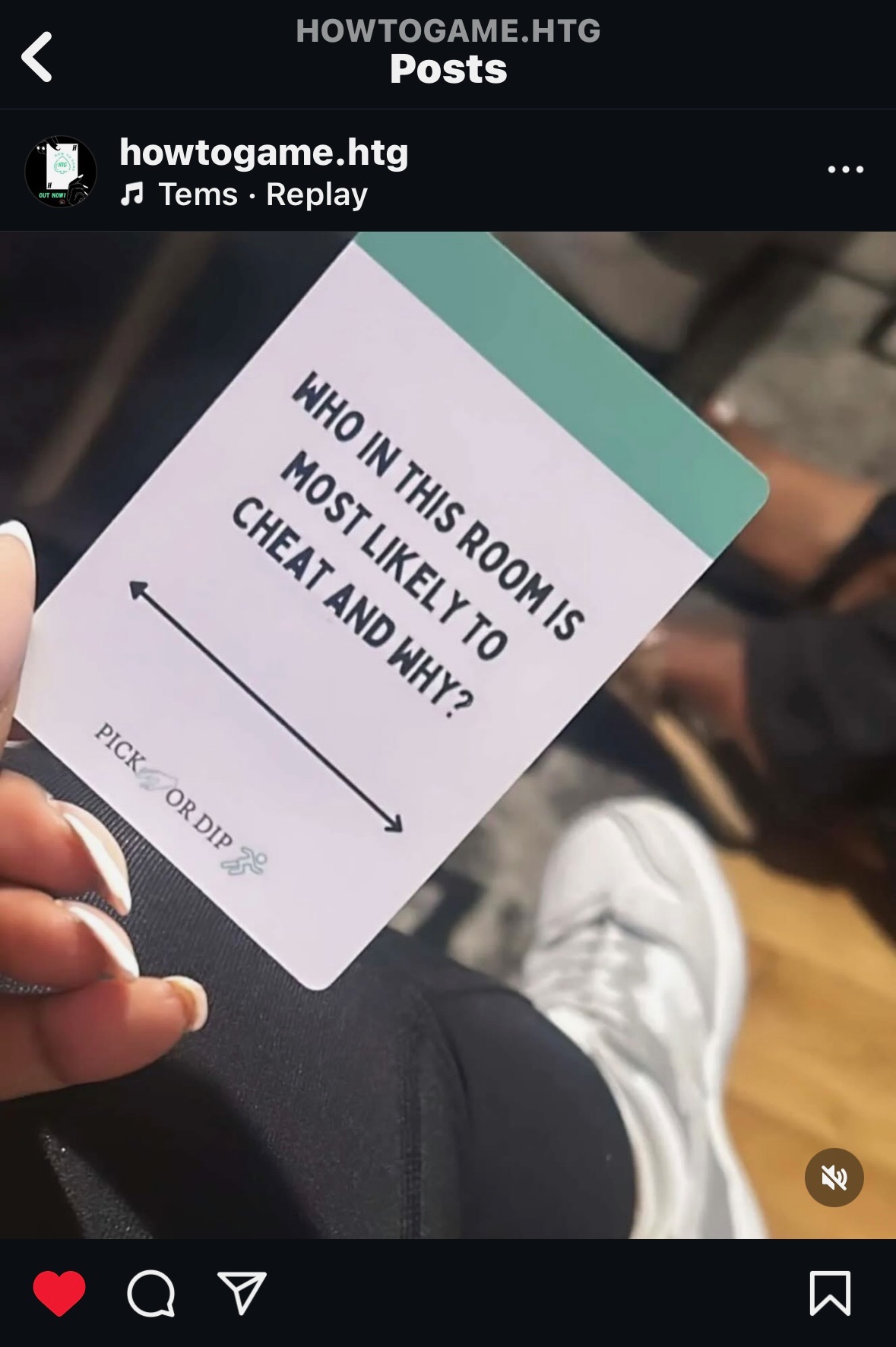 A Pick or Dip question card held up during a game